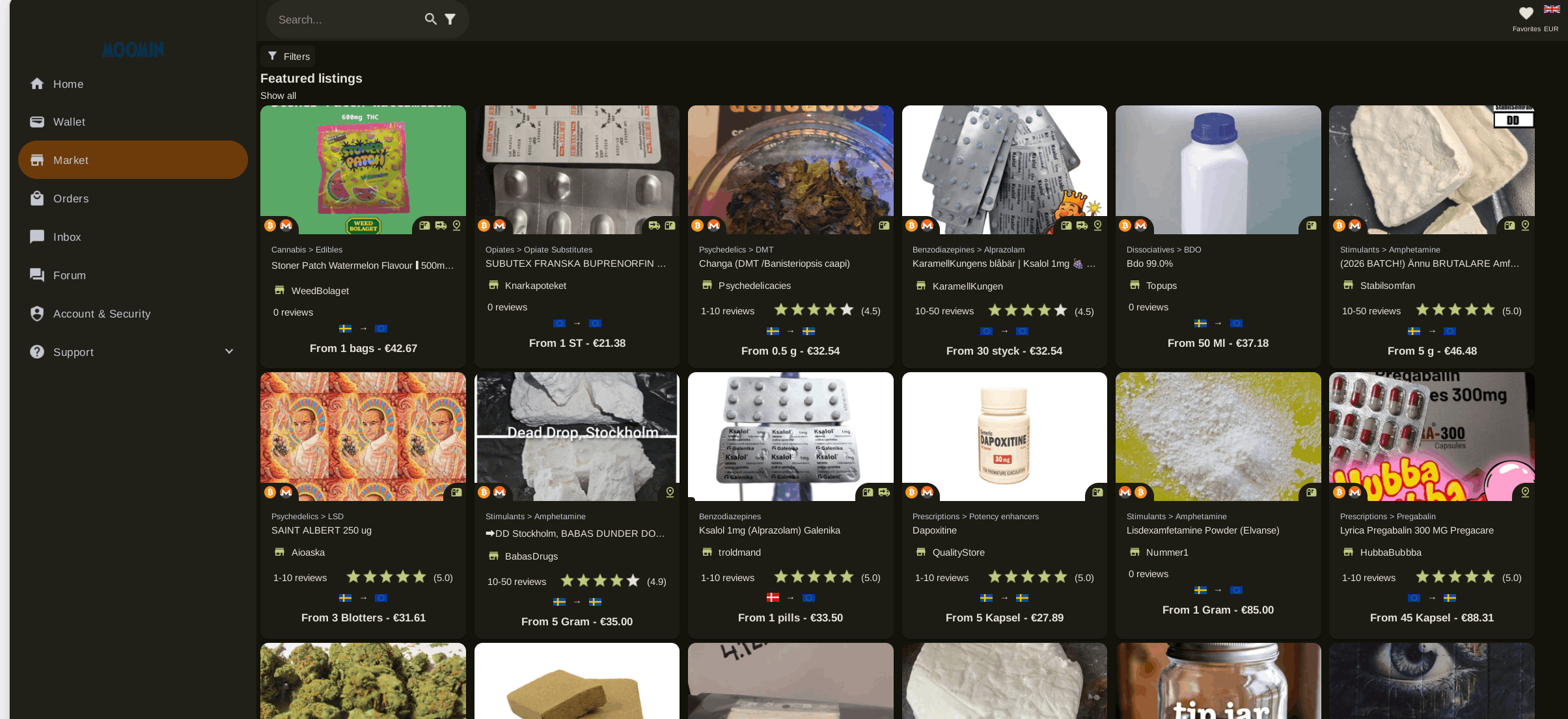 Moomin Market product listing page showing vendor items and pricing interface