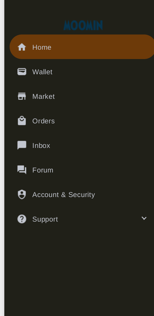 Moomin Market navigation menu interface showing marketplace categories and search